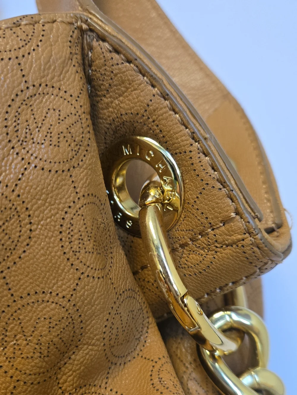 EUC Michael Kors Tan Logo-Embossed Hobo with Gold Studs